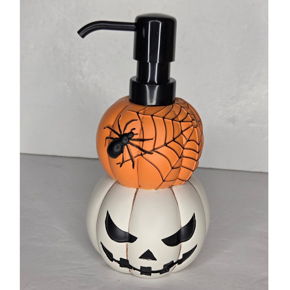 Halloween Stacked Pumpkin Soap Dispenser Jack-O-Lantern Spider Web Decor